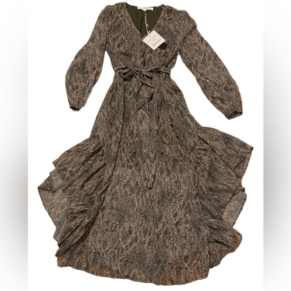 Meet Me in Santorini Metallic Snakeskin Ruffle Maxi Dress – Size Small (NWT)